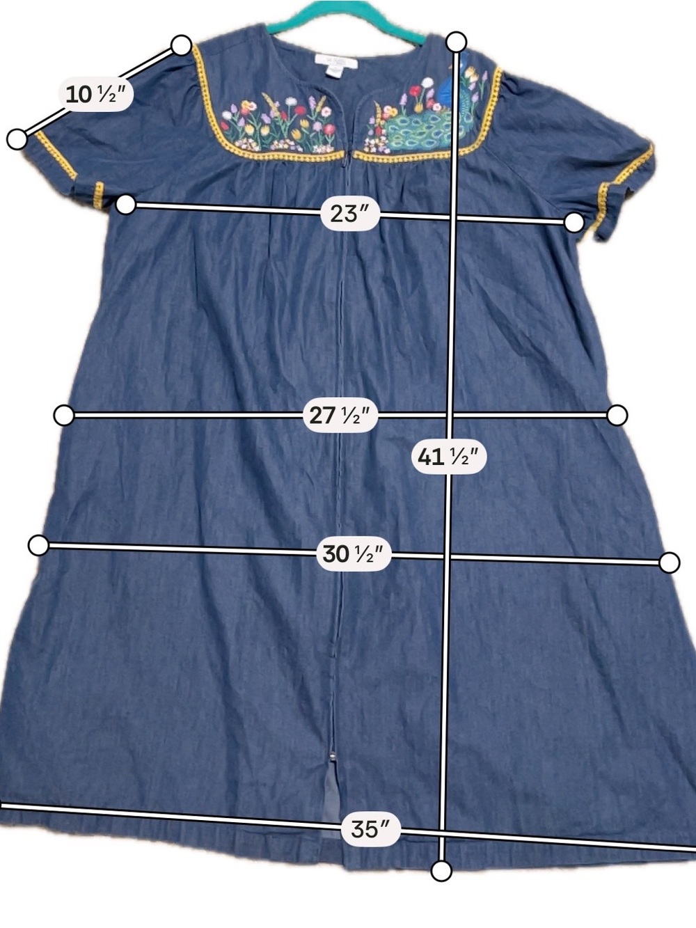 Go Softly Blue Chambray Embroidered Patio Dress Peacock Floral Prairie Boho XL - Picture 6 of 8